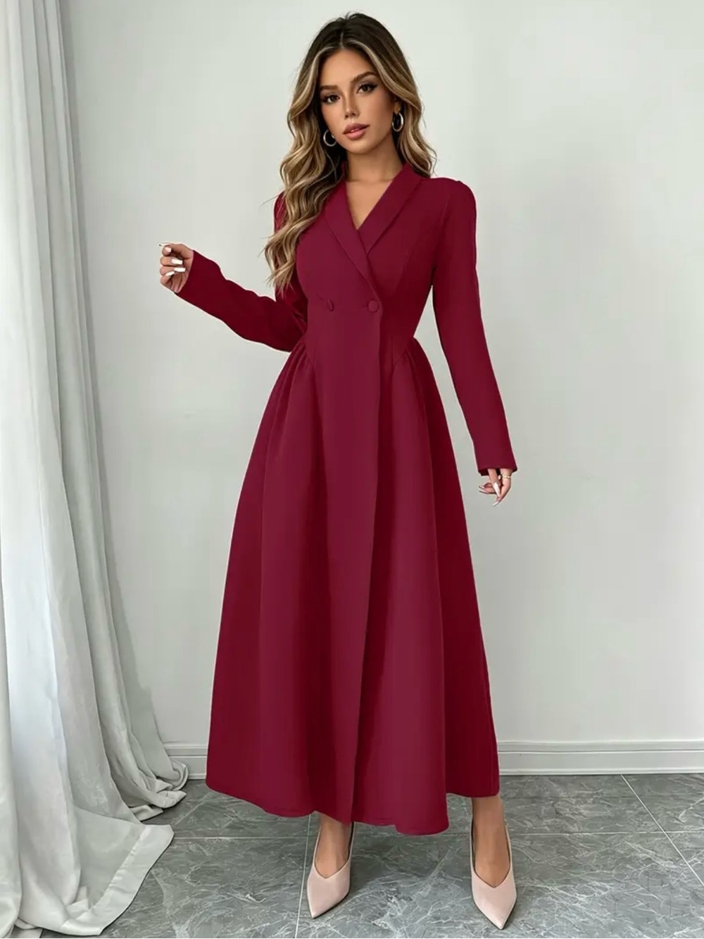 Elegant Long Sleeve Burgundy A-Line Dress